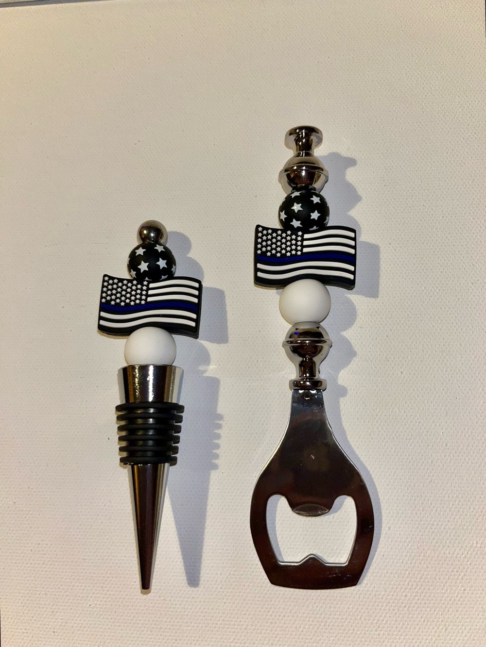 Black and White Flag Bottle Opener and Wine Stopper Set